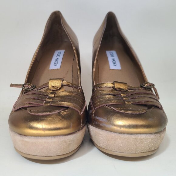 Vtg Steve Madden Gold Bronze Round Toe Platform Wedge Heel 7.5 - Picture 2 of 16